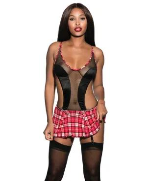 Netted Top Babydoll W-attached Garter Skirt & G-string Red Plaid 2x