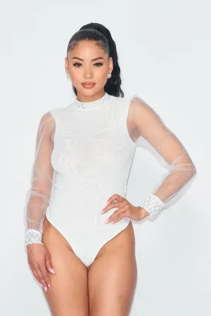 Off White Rhinestones Mesh Bodysuit