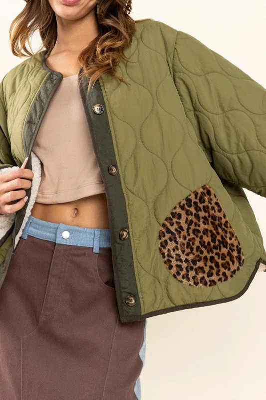 Olive Contrast Wave Textured Jacket