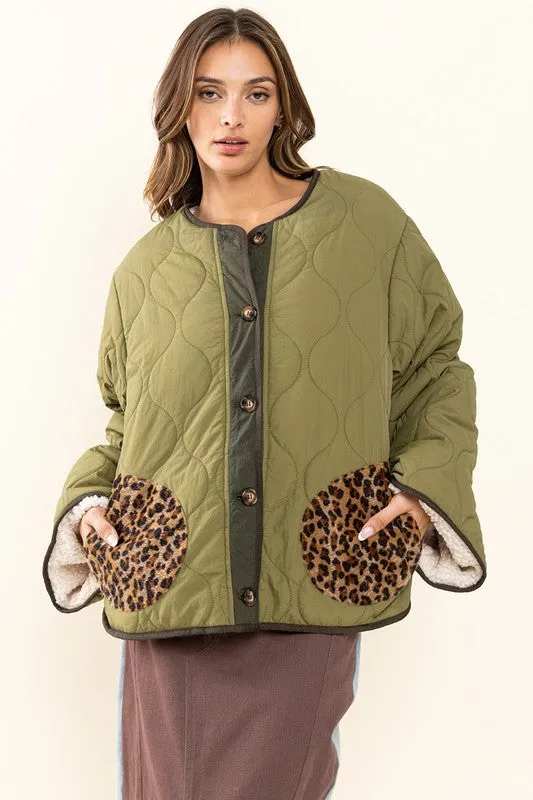 Olive Contrast Wave Textured Jacket