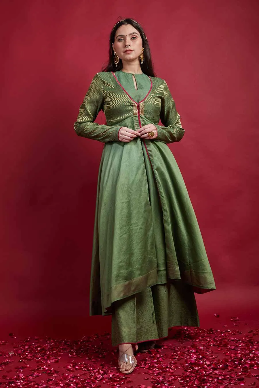 Olive Green Layered Anarkali Set