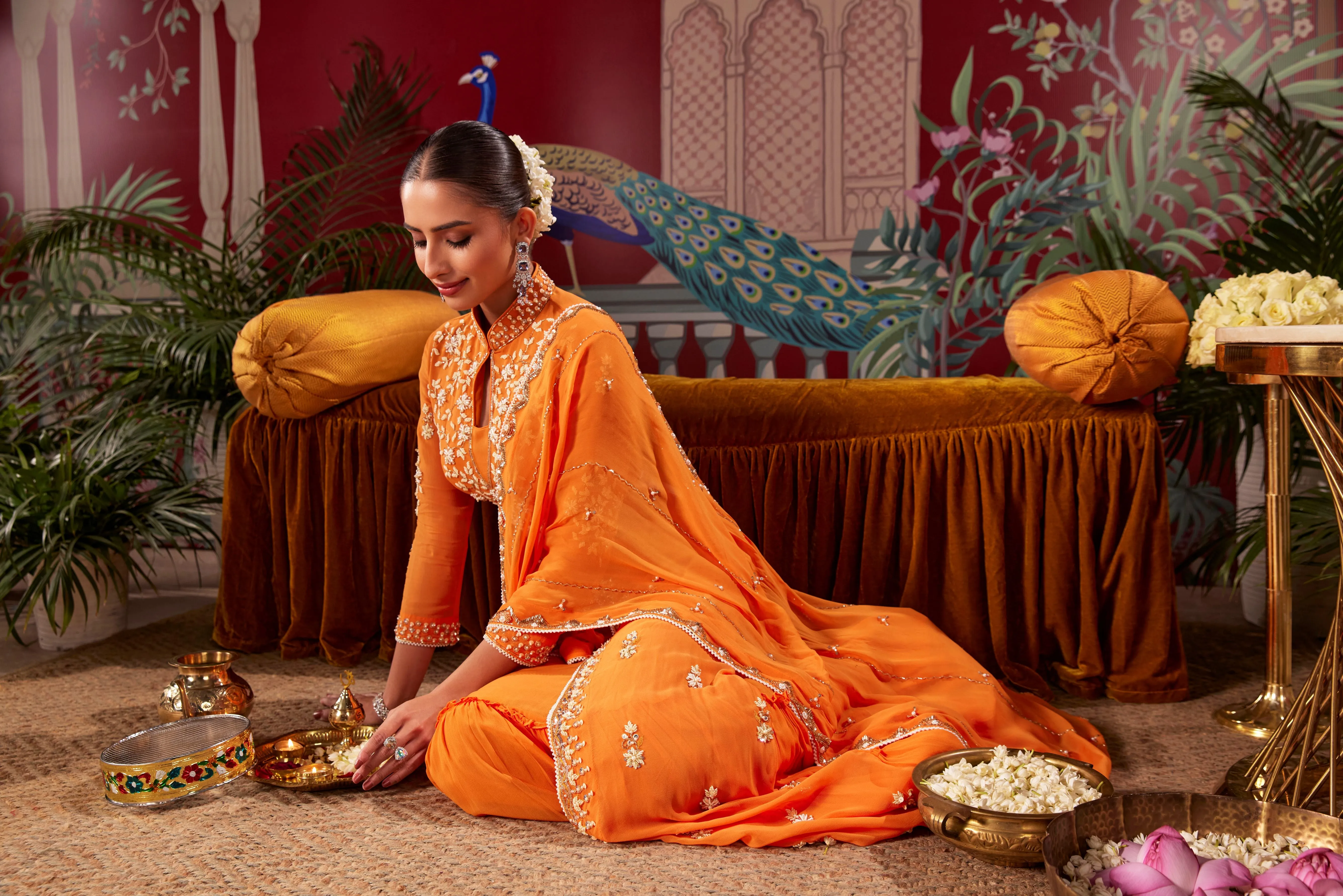 Orange Embellished Crystal Georgette Skirt With Drape