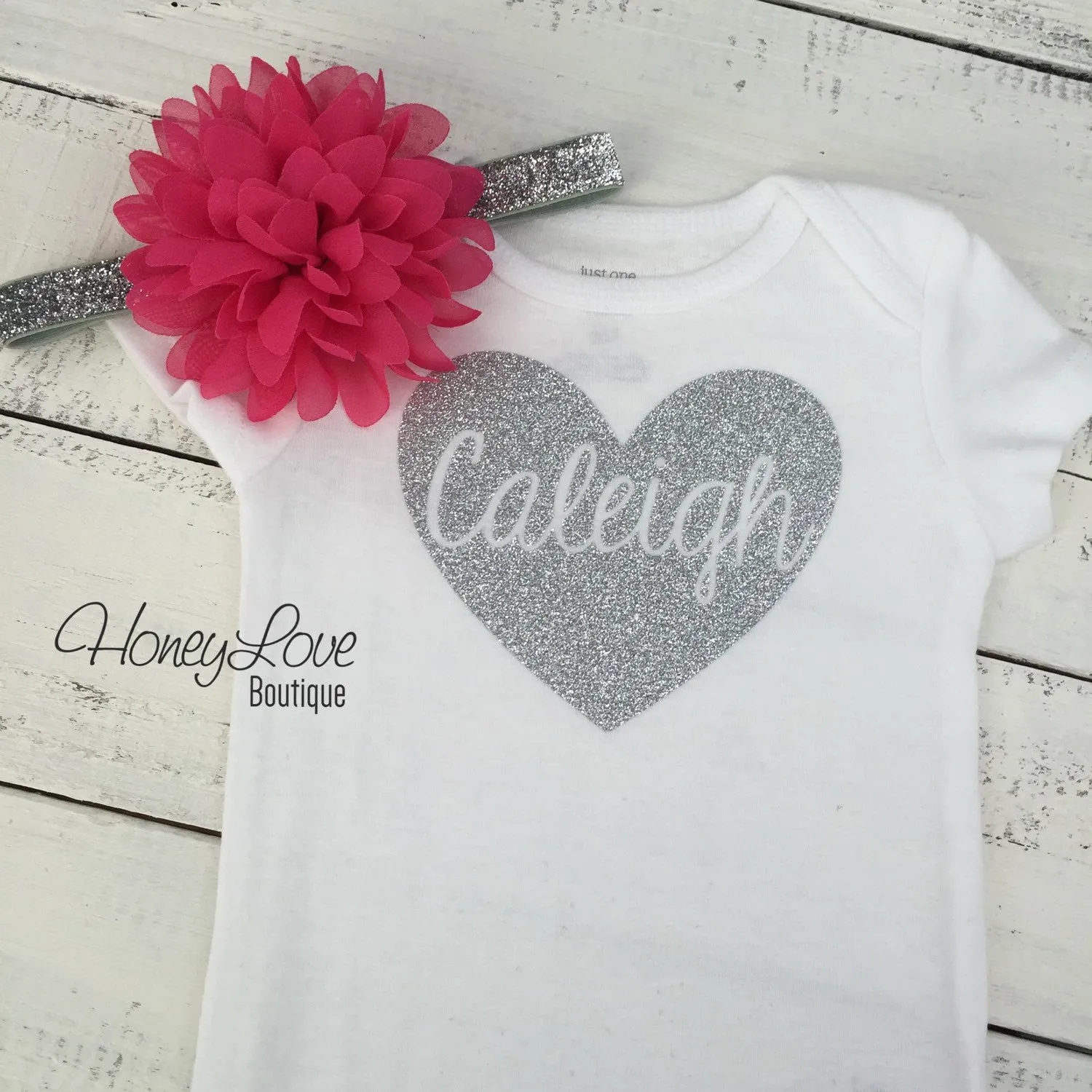 PERSONALIZED Silver or Gold Name in heart bodysuit - optional pink headband