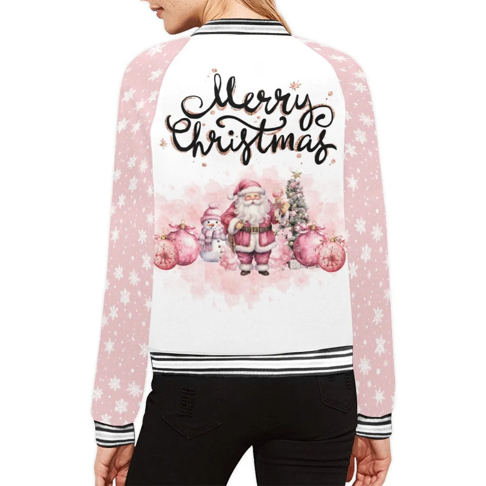 Pink Christmas Santa Snowflakes Bomber Jacket for Women