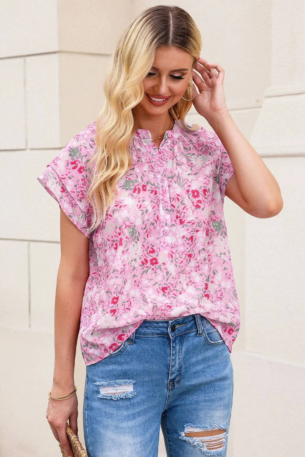 Pink Floral Mandarin Collar Top