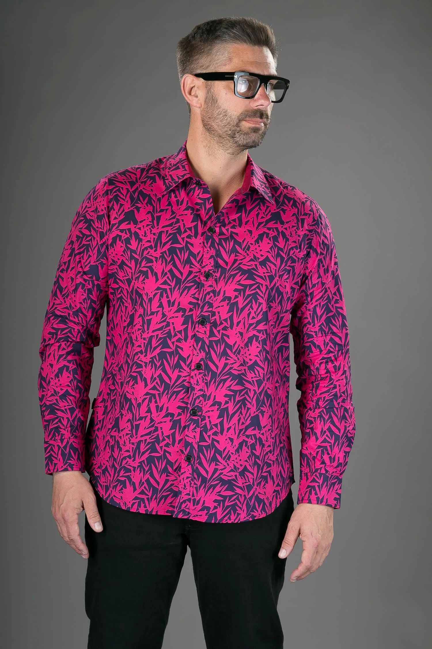 Pink Floral Print Cotton Slim-Fit Long-Sleeve Mens Shirt