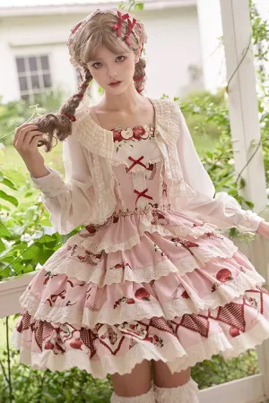 Pink Triple-Layered [Apple Orchard] Print Ruffle Embroidery Sweet Lolita Short Skirt