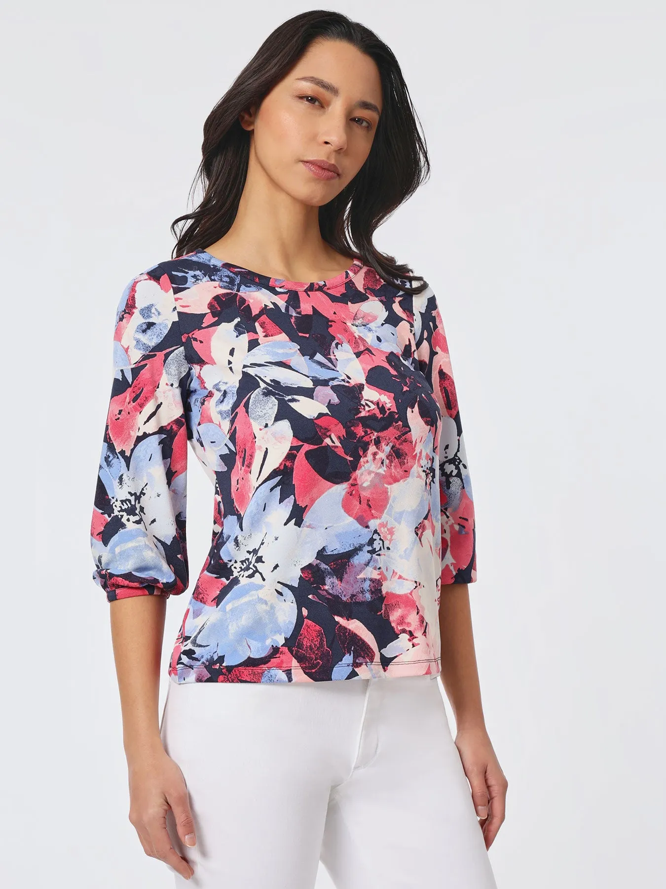 Plus Size Printed Moss Crepe Puff Sleeve Top