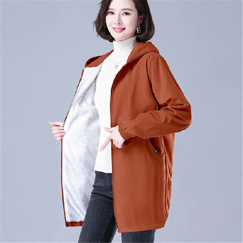 Plus Velvet Mid-Length Loose Fit Hooded Sherpa Coat