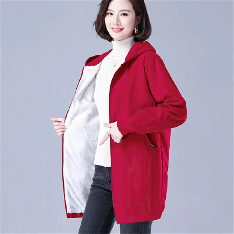 Plus Velvet Mid-Length Loose Fit Hooded Sherpa Coat