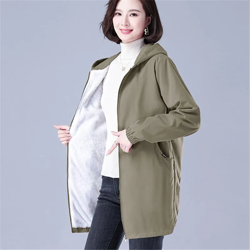 Plus Velvet Mid-Length Loose Fit Hooded Sherpa Coat