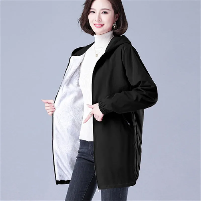 Plus Velvet Mid-Length Loose Fit Hooded Sherpa Coat