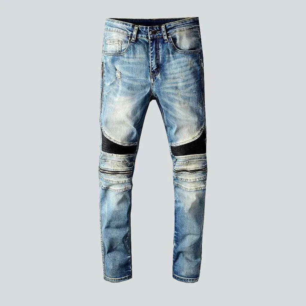 Pu leather patchwork biker jeans