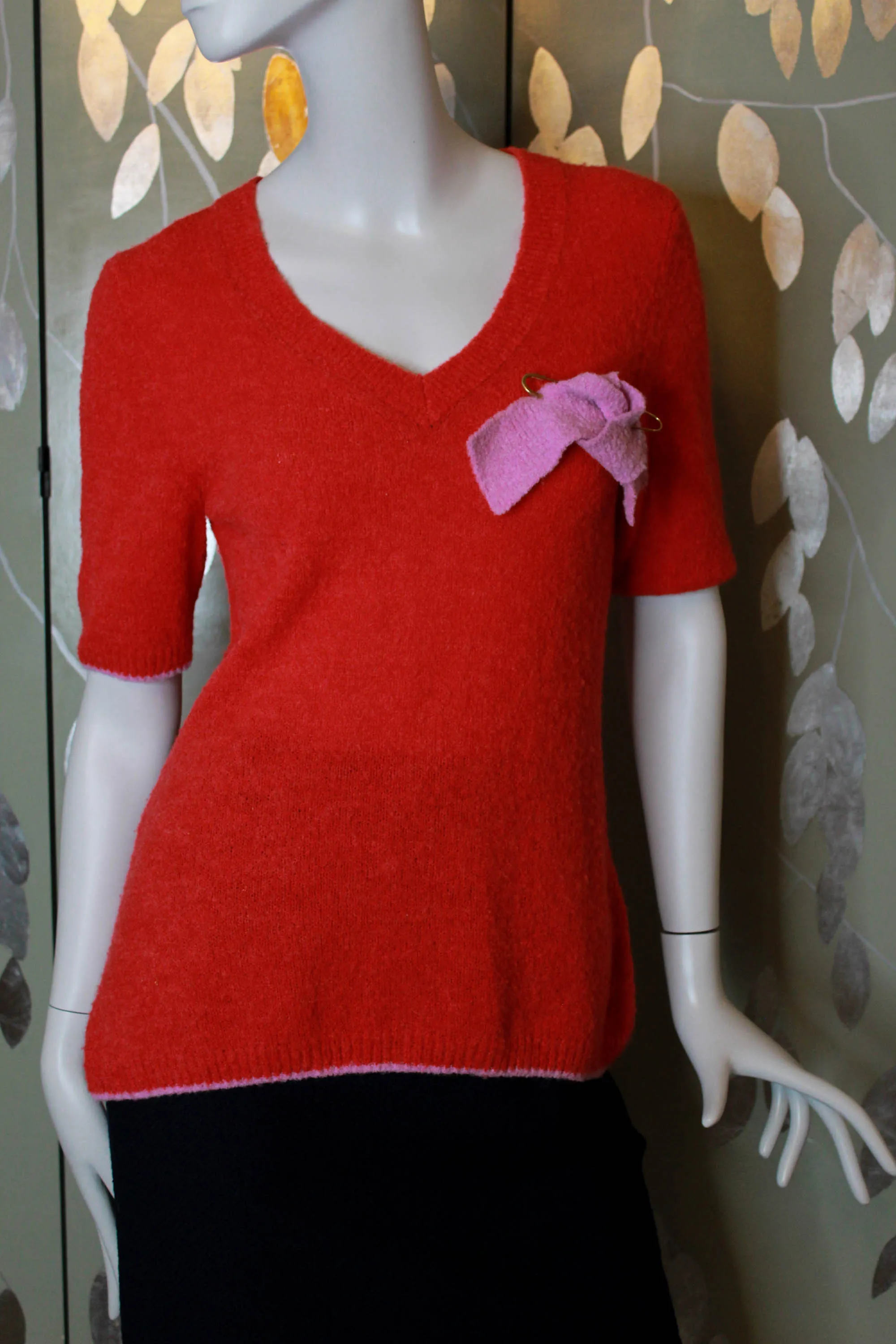 Roksanda Red Wool Knit Sweater Top with Pink Bow, Medium