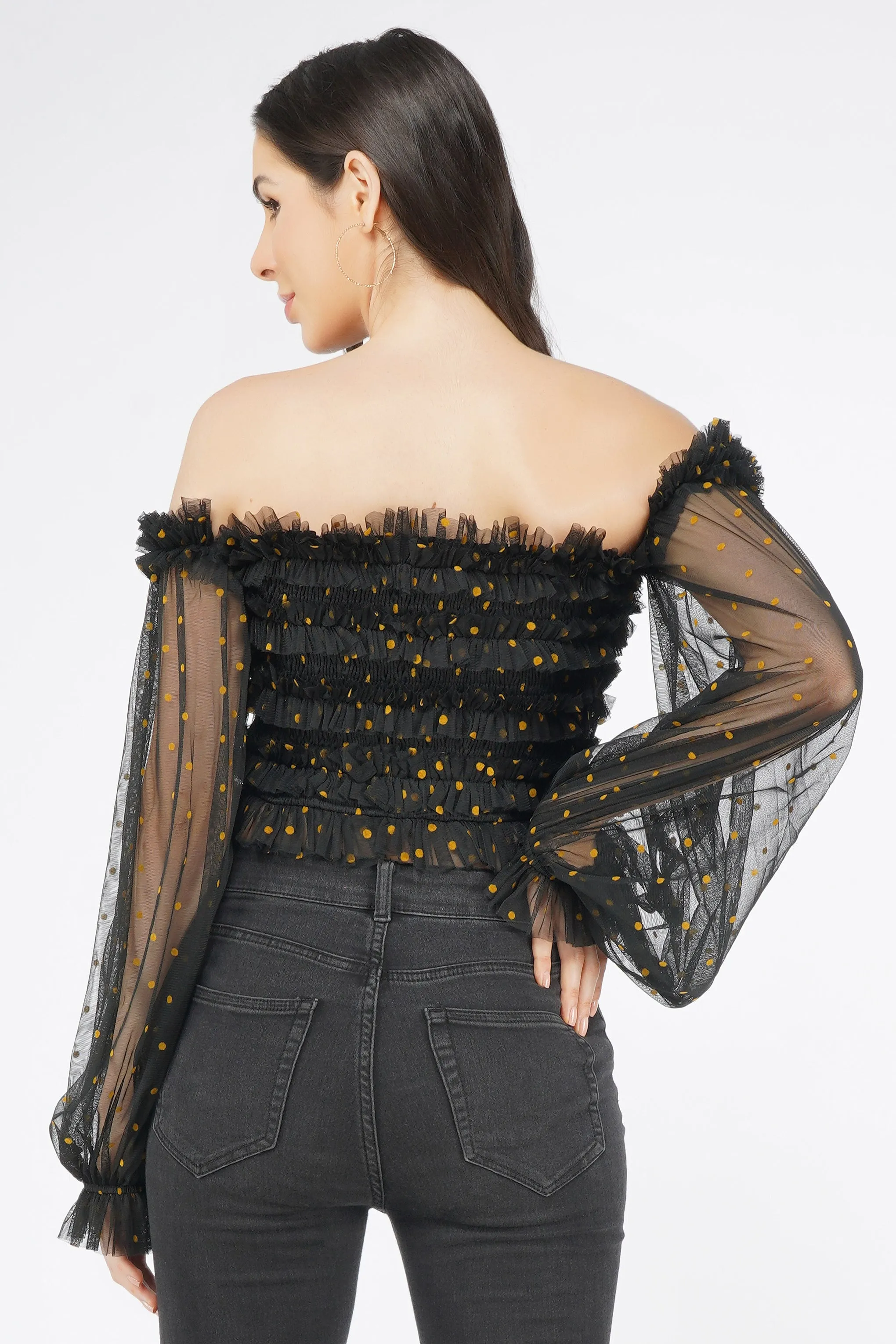 Rolf Black Tulle Top with Gold Polka