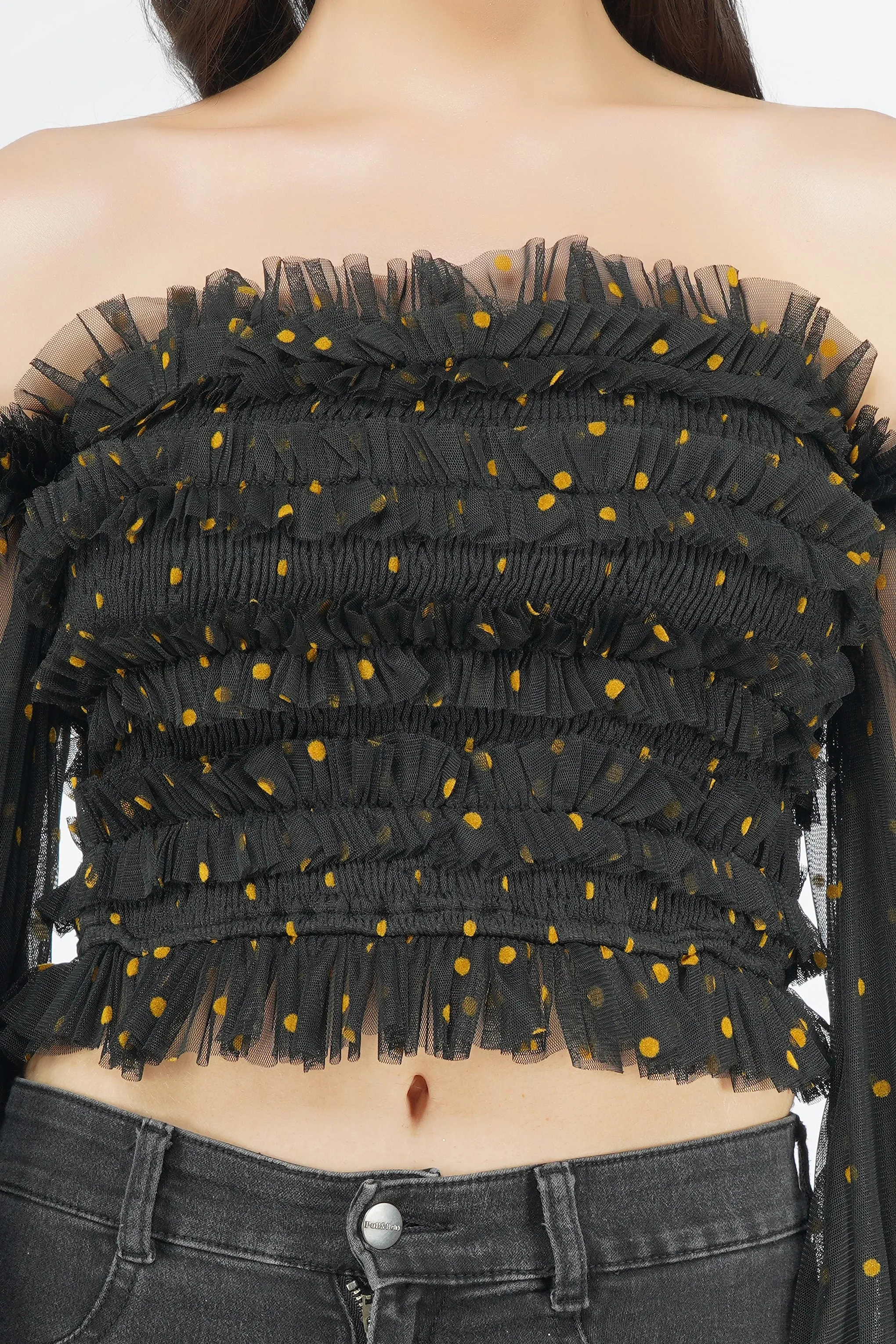 Rolf Black Tulle Top with Gold Polka