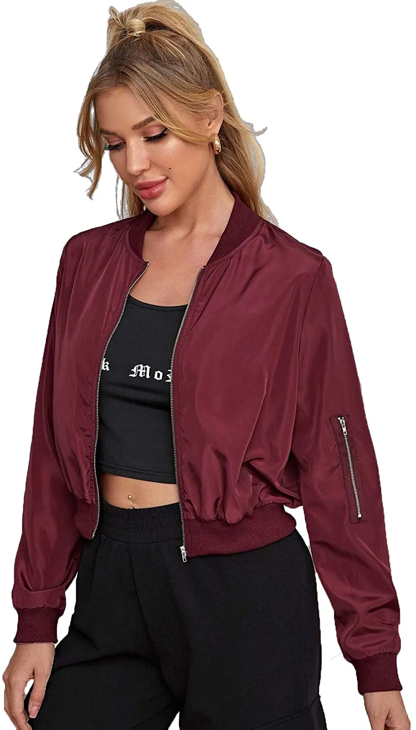 Romwe Women's Classic Solid Biker Jacket Zip up Crop Bomber Jacket Coat