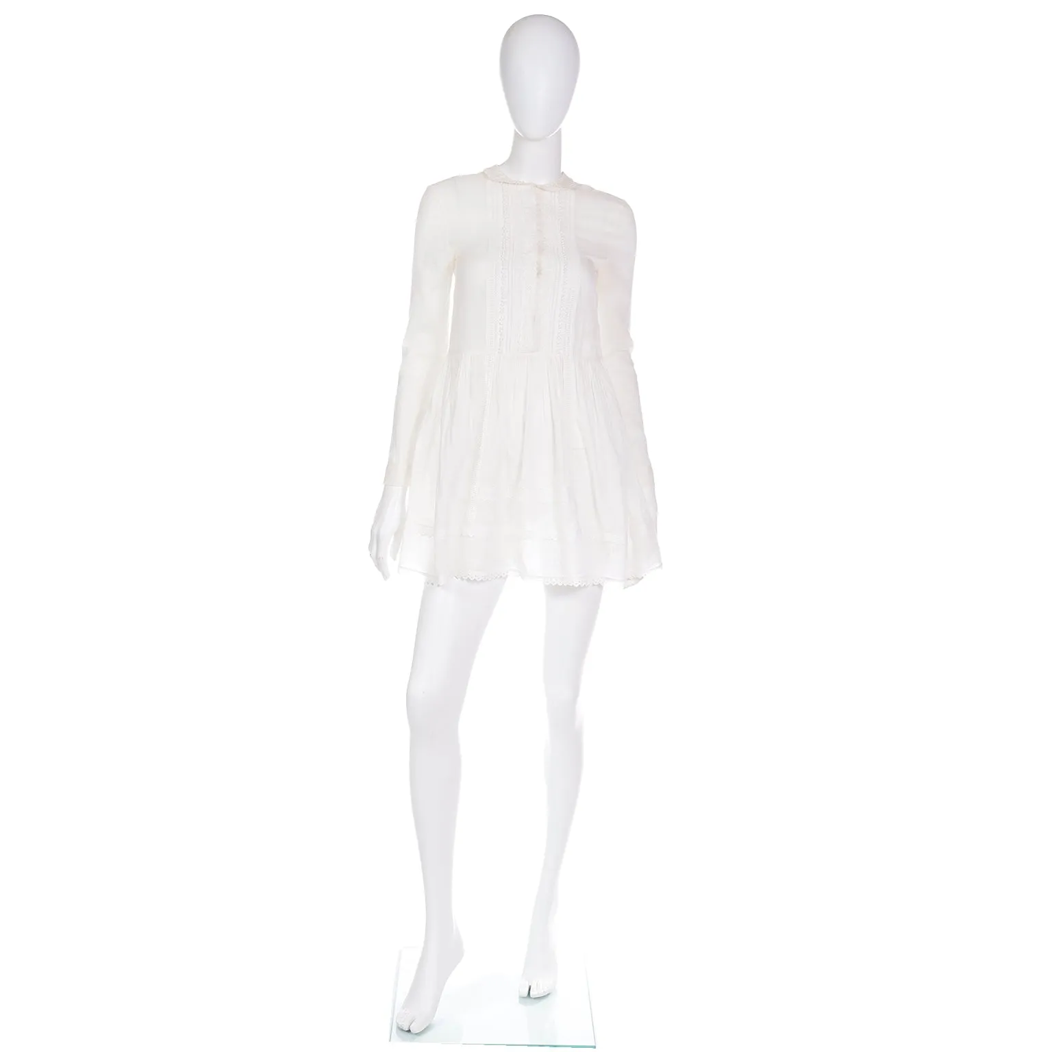 Saint Laurent Paris White Cotton Voile Lace Trimmed Babydoll Tunic Top