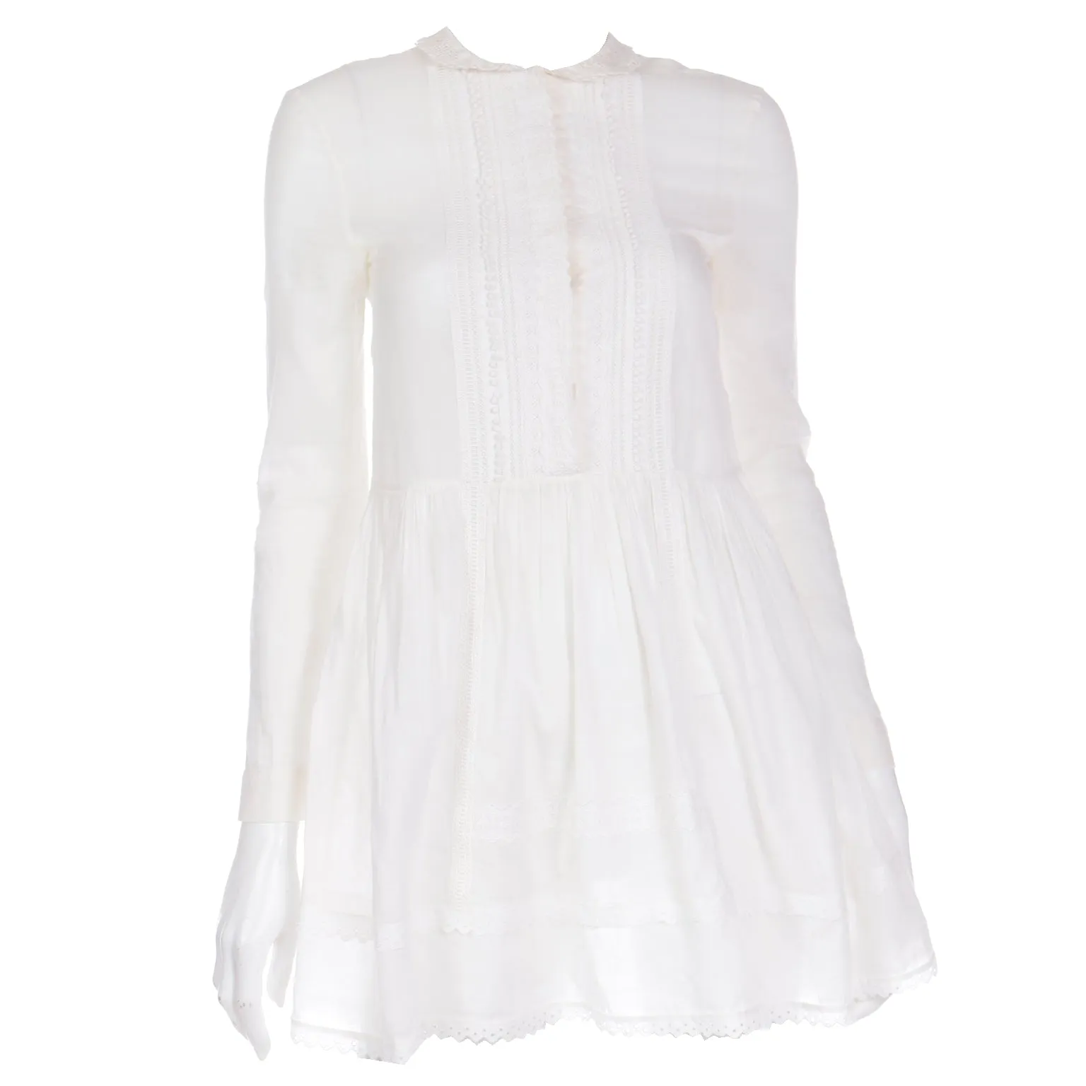 Saint Laurent Paris White Cotton Voile Lace Trimmed Babydoll Tunic Top