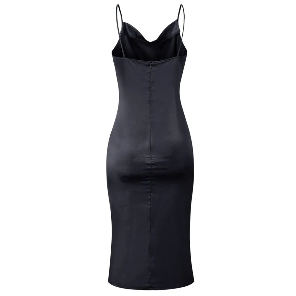 Satin Spaghetti Strap Party Dress - Black