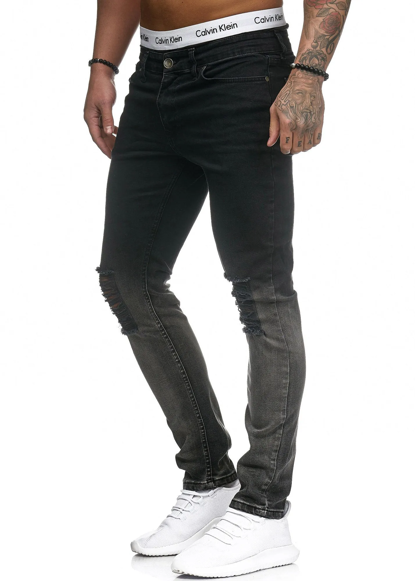 Scrapped Knees Fading Skinny Ripped Distressed Jeans - Black X3