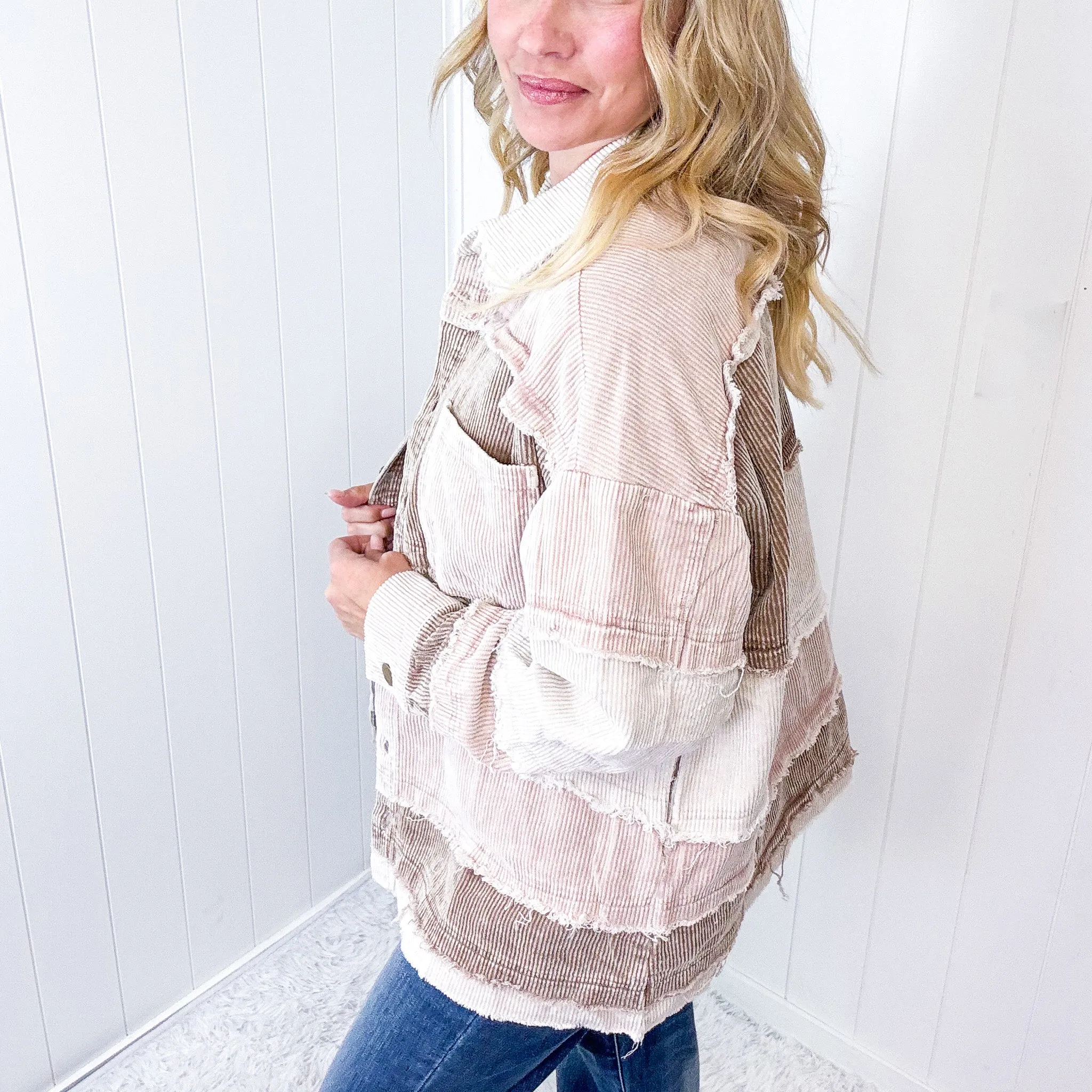 Set Me Free Mineral Washed Corduroy Color Block Jacket In Mauve