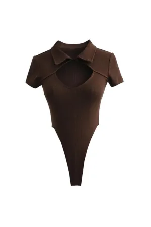 Sexy Cut Out Buttoned Collar Short Sleeve High Cut Ribbed Thong Bodysuit