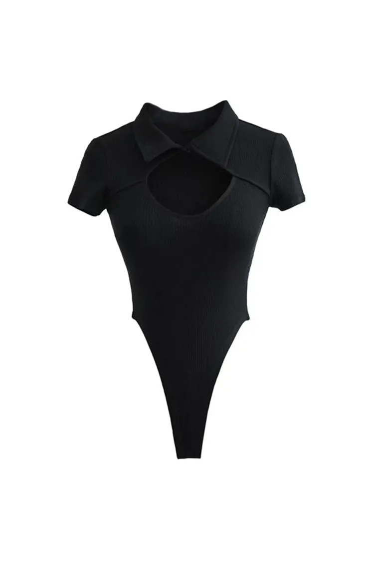 Sexy Cut Out Buttoned Collar Short Sleeve High Cut Ribbed Thong Bodysuit