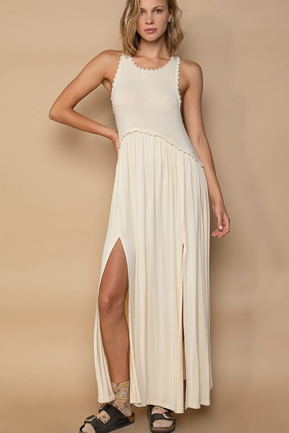 Sleeveless Back Zipper Front Slit Maxi Dress | Cream