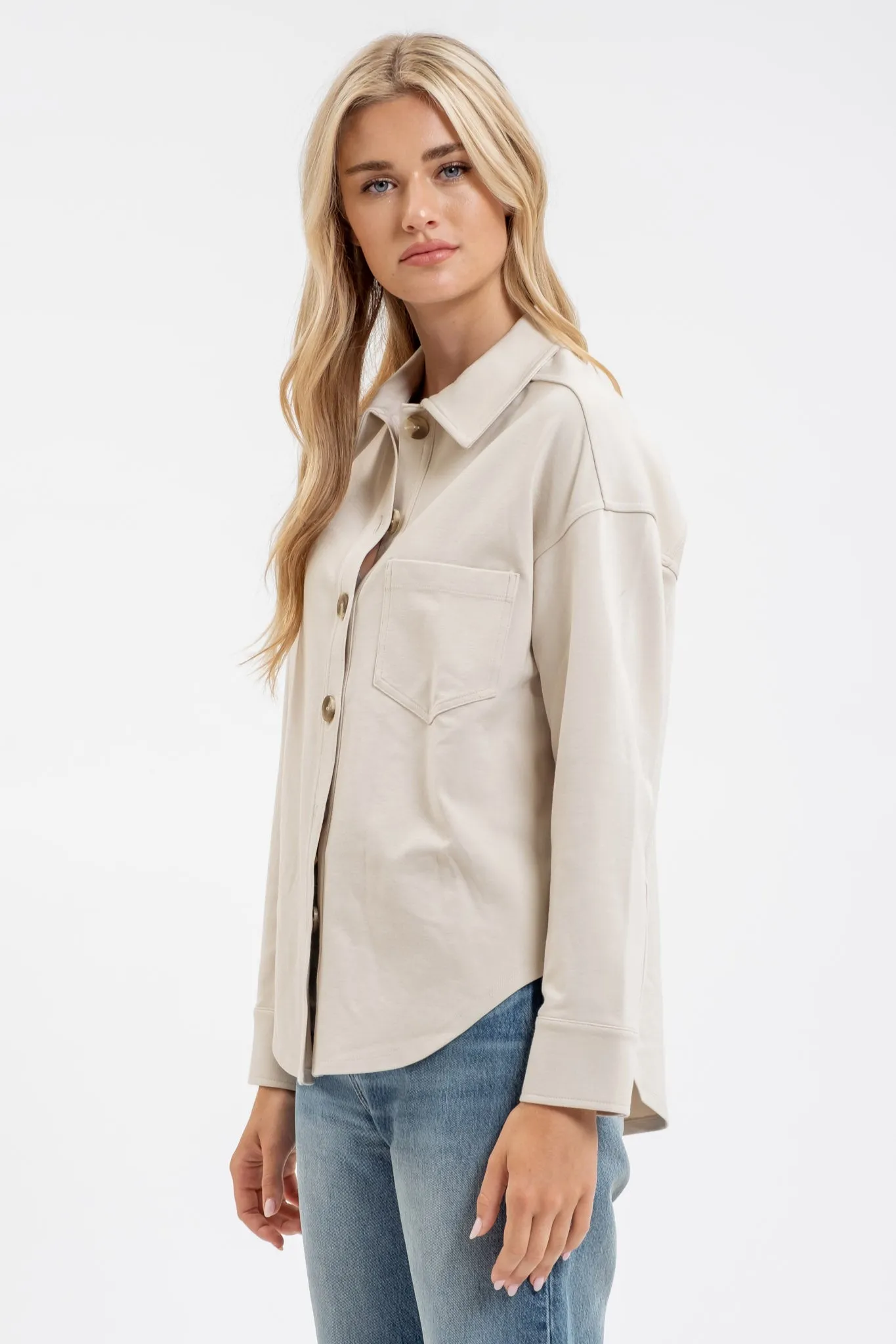 SOLID COLLARED LONG SLEEVE BUTTON DOWN SHACKET