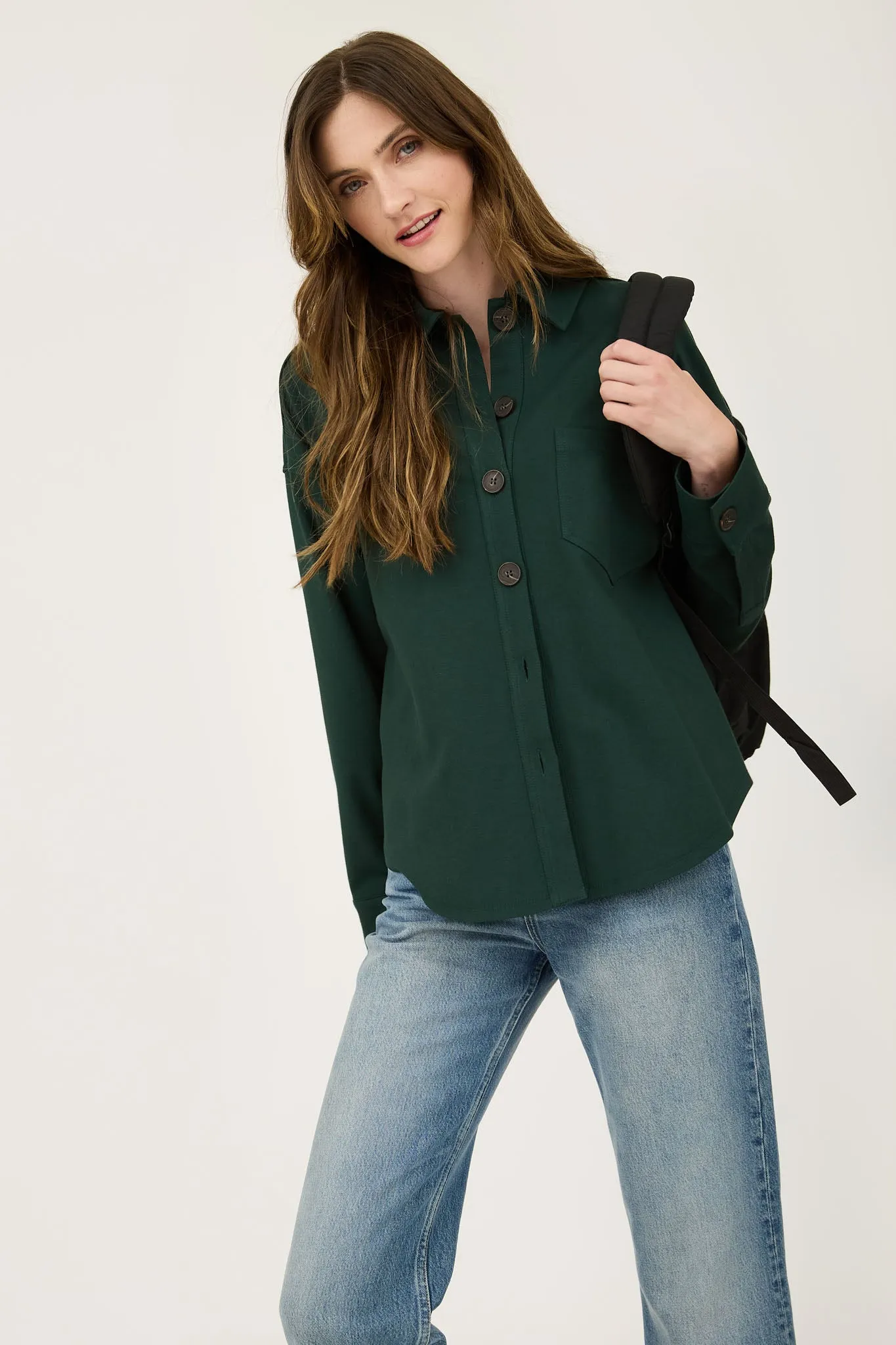 SOLID COLLARED LONG SLEEVE BUTTON DOWN SHACKET