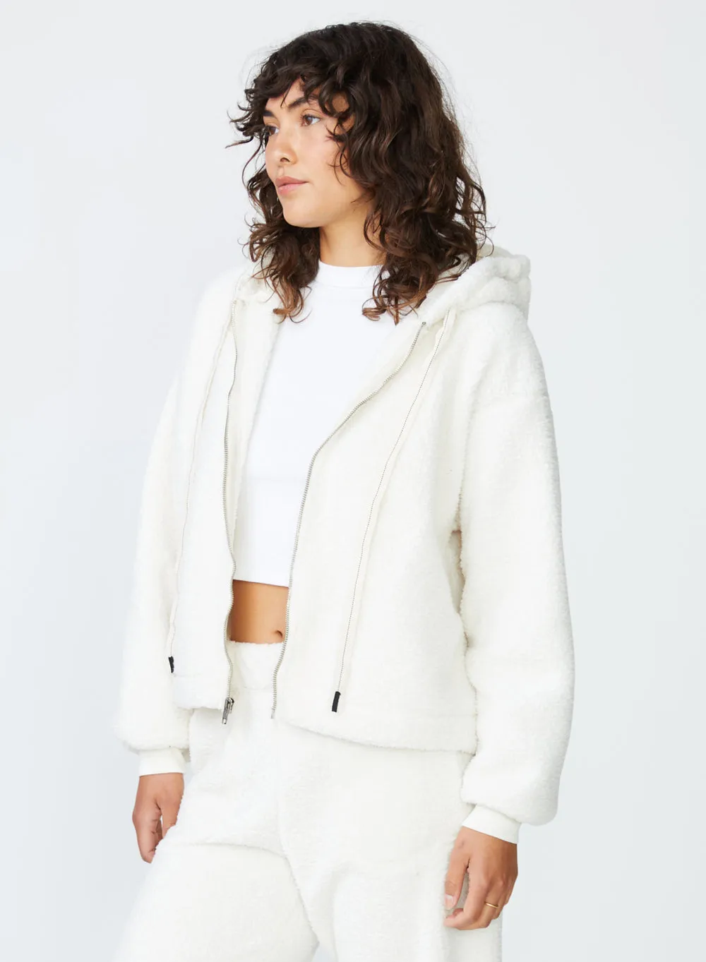 Stateside Double Face Sherpa Hooded Zip Jacket in Cream