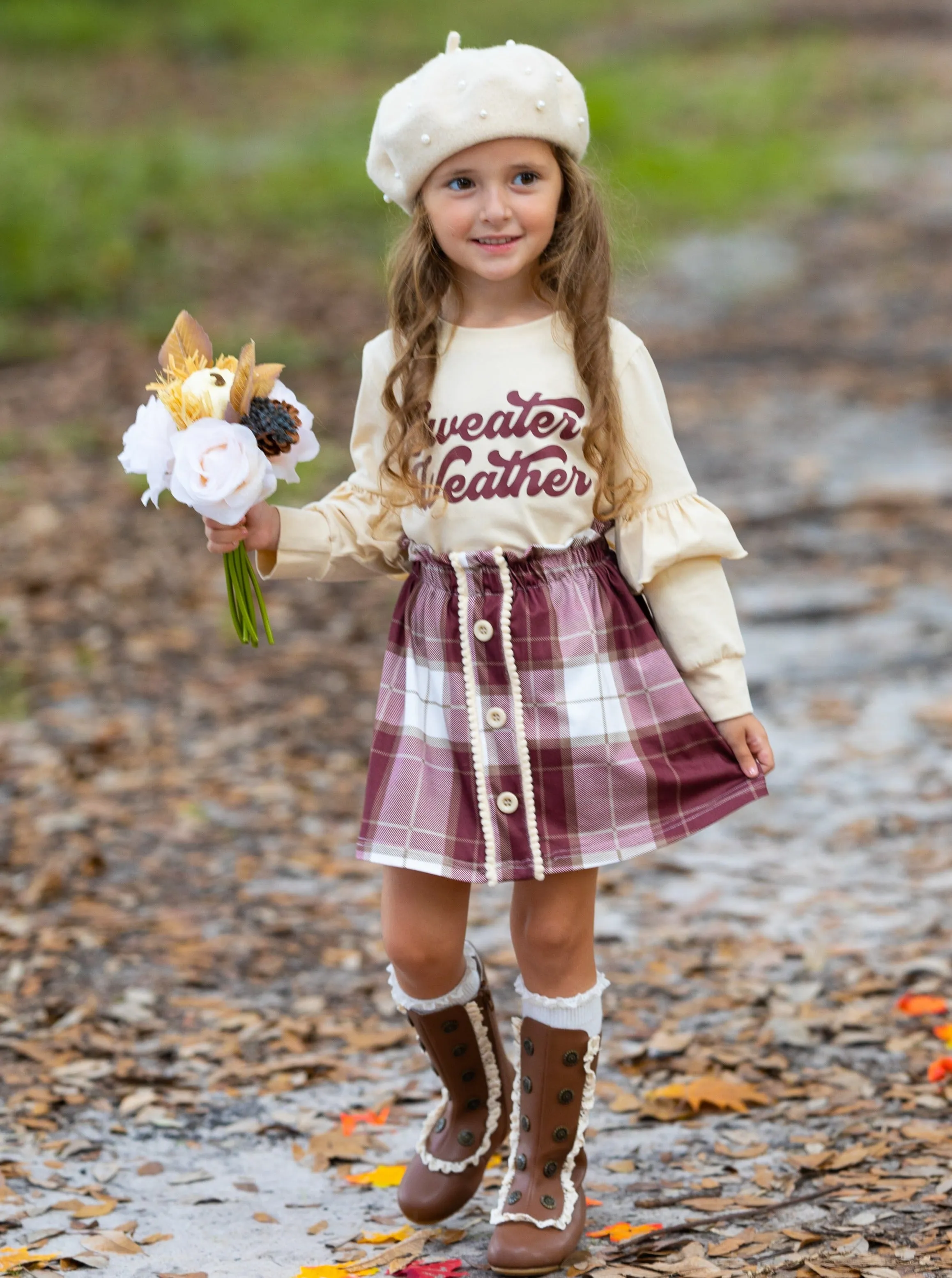 Sweater Weather Time Plaid Skirt Casual Set