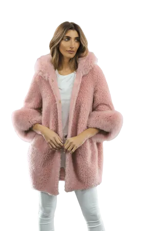 Teddy Coat with Fox Trim Hood/Cuffs - Pink