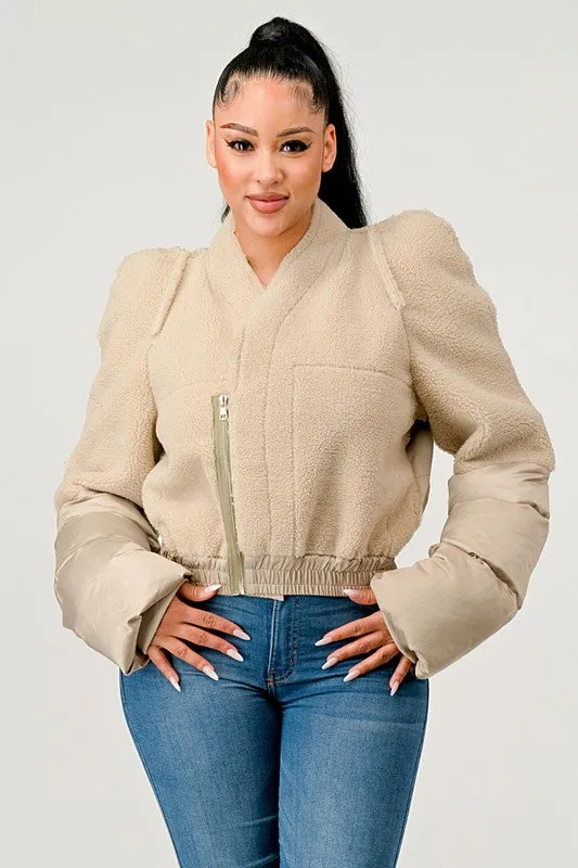 TEEK - Cream Plush Puff Sleeve Bomber Jacket