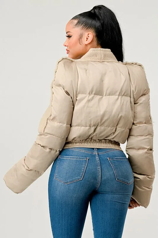 TEEK - Cream Plush Puff Sleeve Bomber Jacket