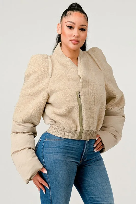 TEEK - Cream Plush Puff Sleeve Bomber Jacket