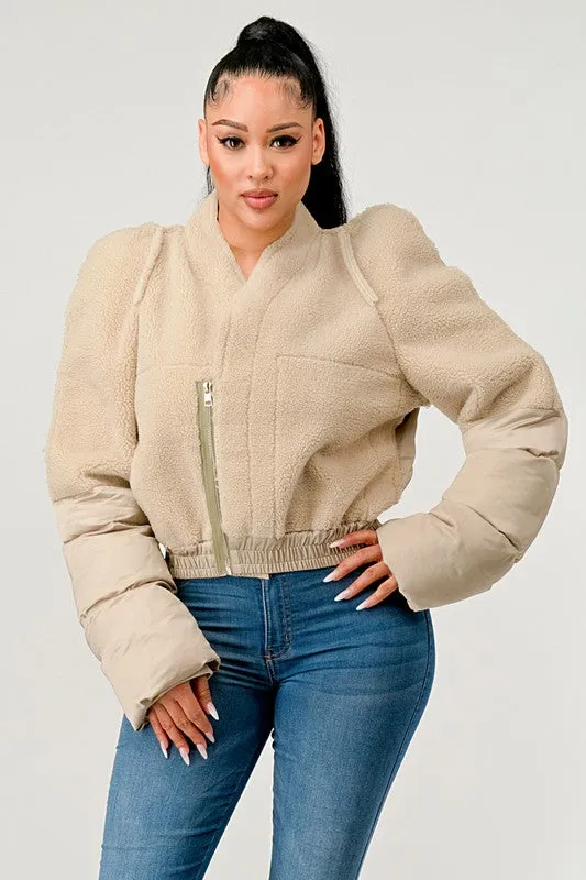 TEEK - Cream Plush Puff Sleeve Bomber Jacket