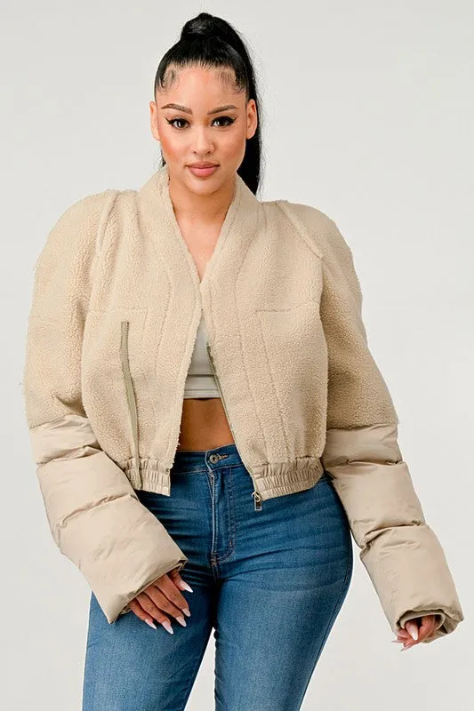 TEEK - Cream Plush Puff Sleeve Bomber Jacket