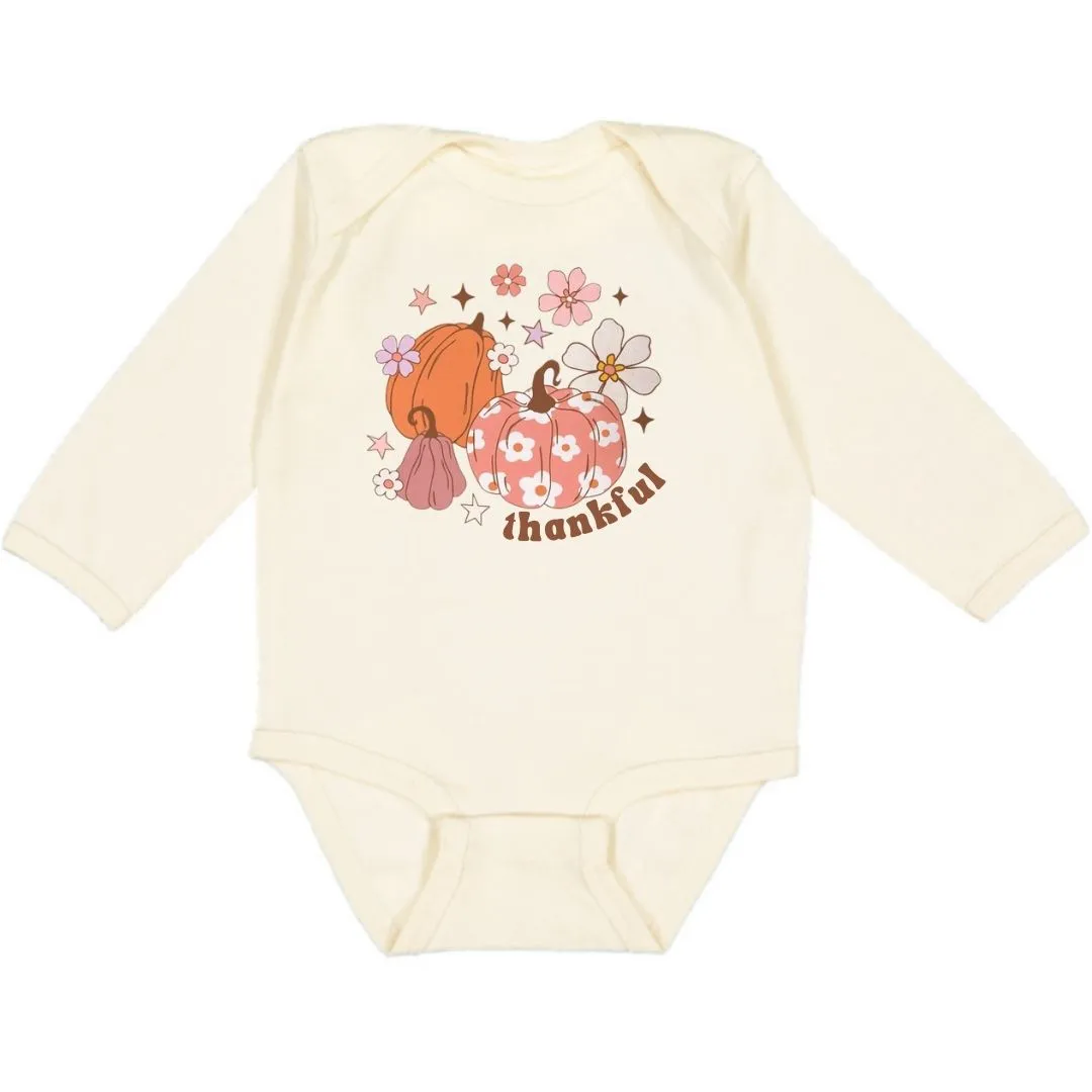 Thankful Pumpkin Daisy Thanksgiving Long Sleeve Bodysuit - Natural