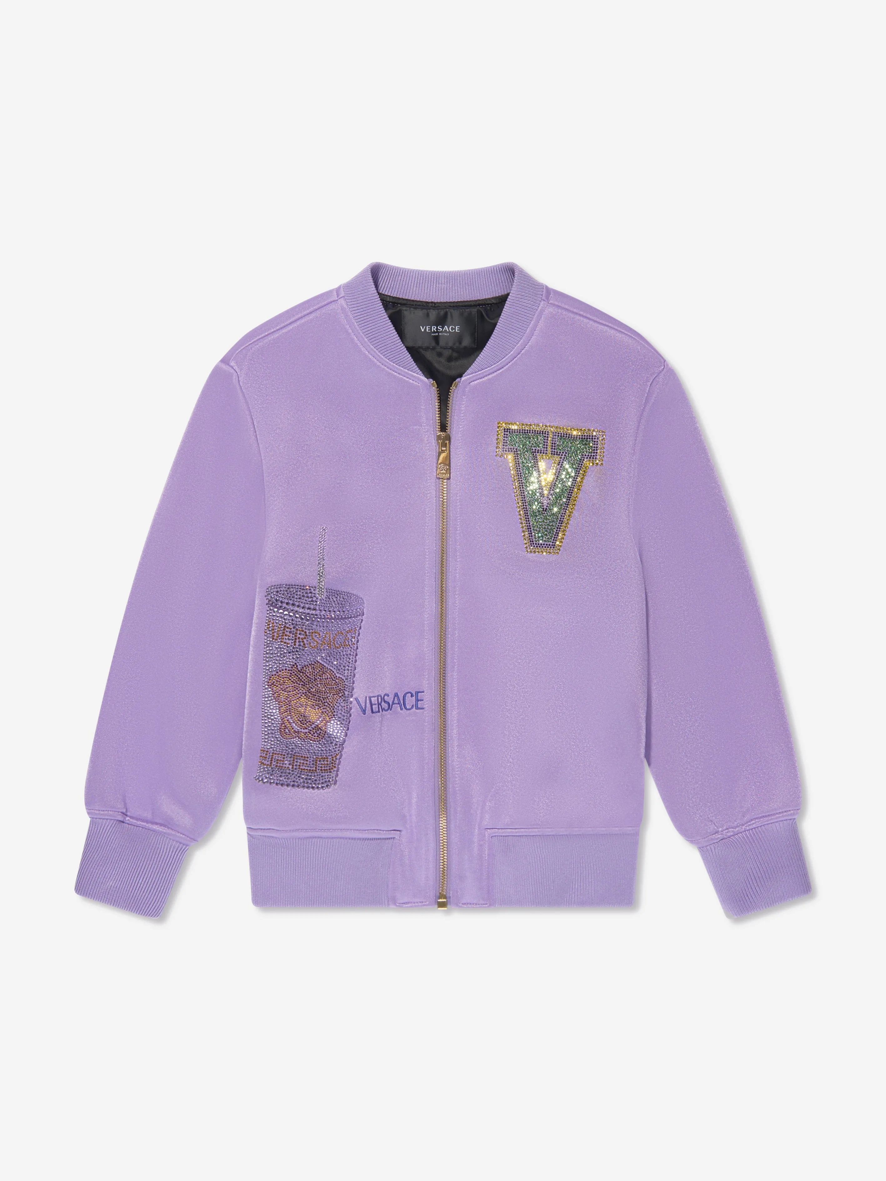 Versace Girls Crystal Studded Bomber Jacket in Lilac