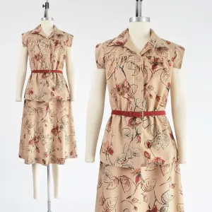 Vintage 70s Brown Leaf Print Skirt and Top Set Boho Belted Two Piece Dress size S