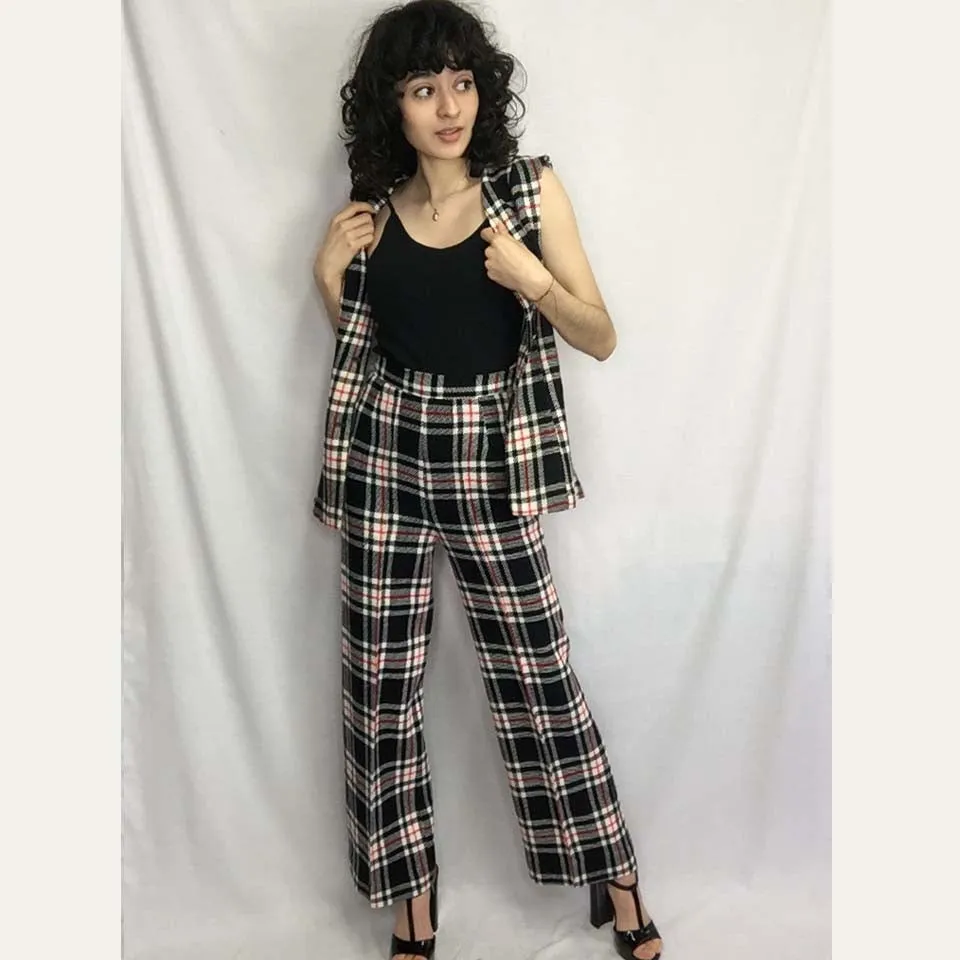 Vintage 70s | Plaid Groovy Mod Matching 2 Piece Top & Bellbottoms Pantsuit | XS