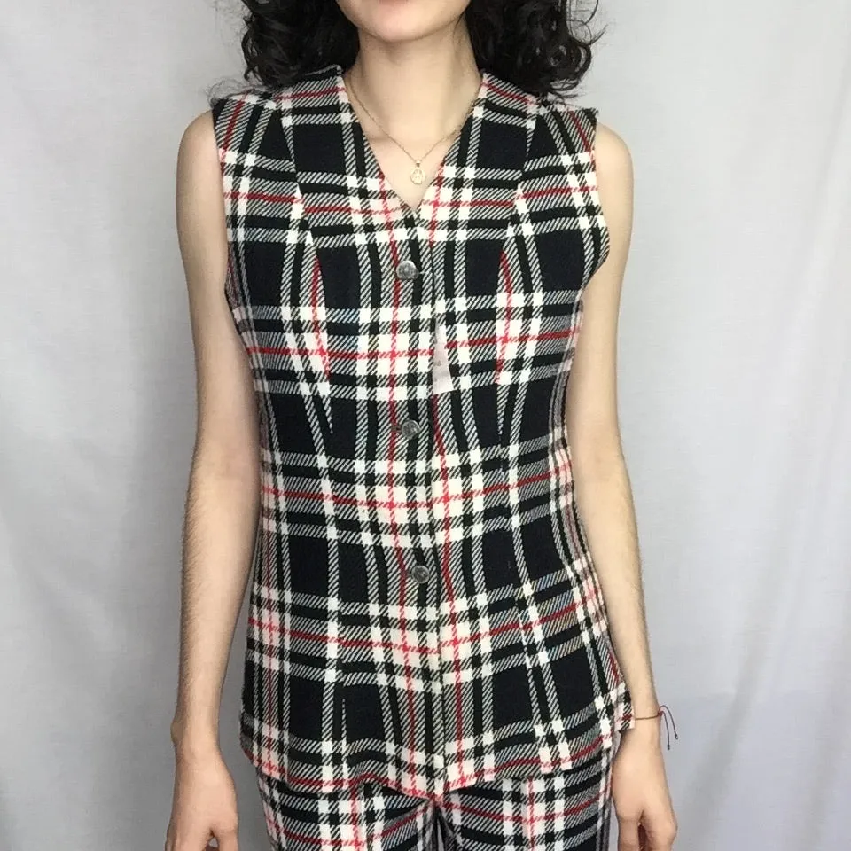 Vintage 70s | Plaid Groovy Mod Matching 2 Piece Top & Bellbottoms Pantsuit | XS