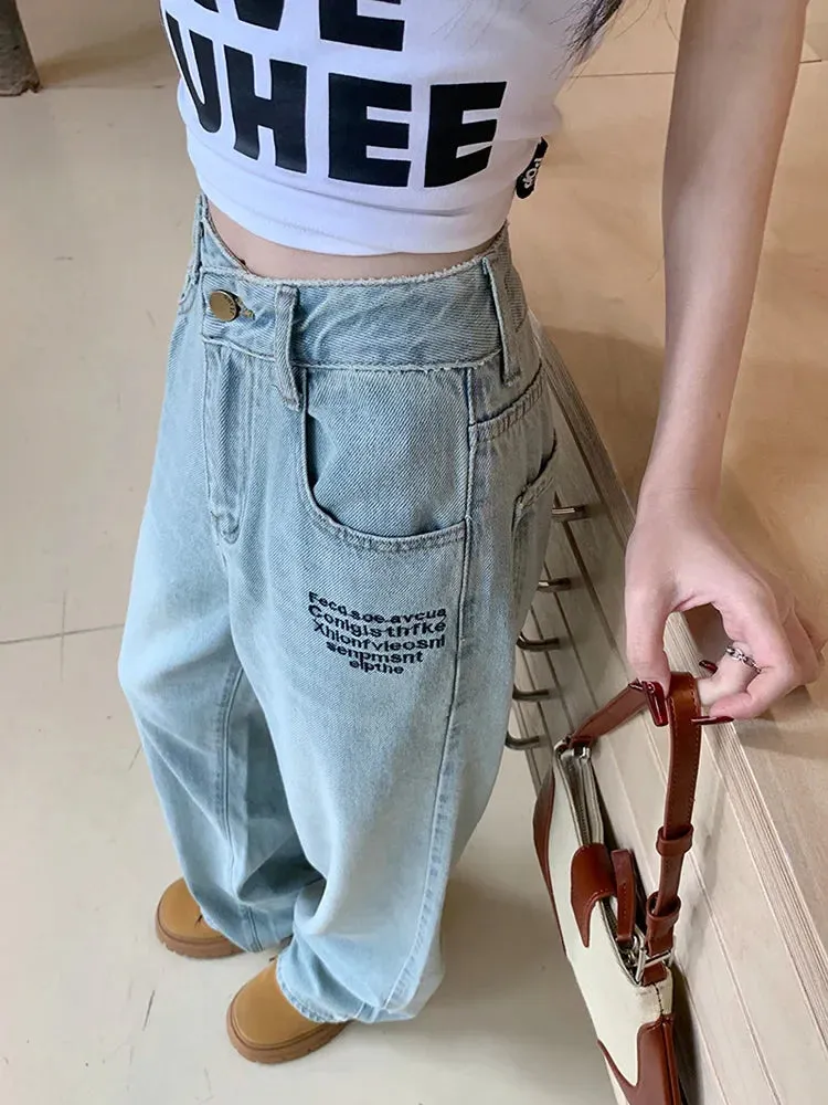 Vintage Letter Straight For Women 2024 Spring Streetwear High Waist Long Jeans