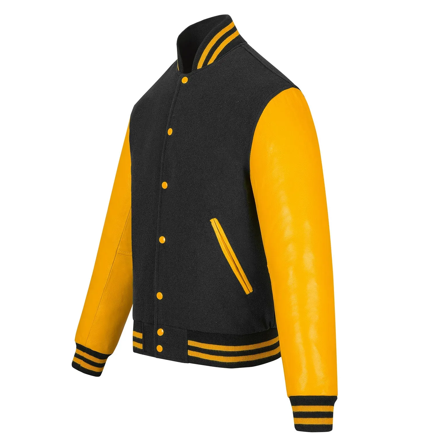 Warrior Gears Classic Hybrid Varsity Jacket University Letterman Bomber Jacket, Pure Wool & Original Cowhide Leather Jacket, Black Pure Wool Body & Gold Real Leather Sleeves