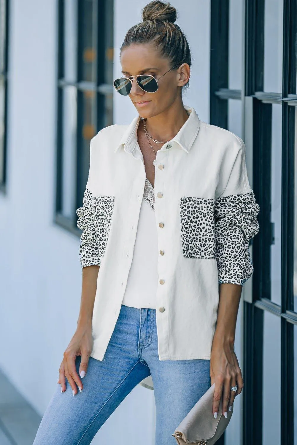 White and Leopard Denim Shacket