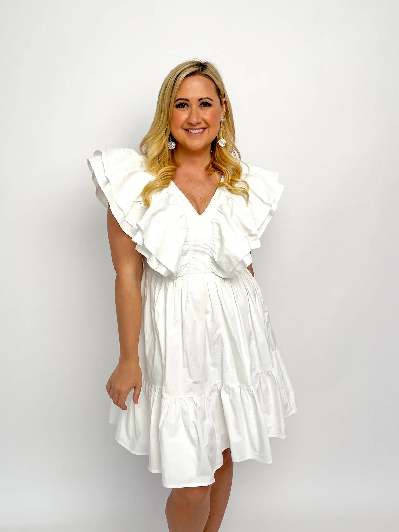 White Ruffled V Neck Dress