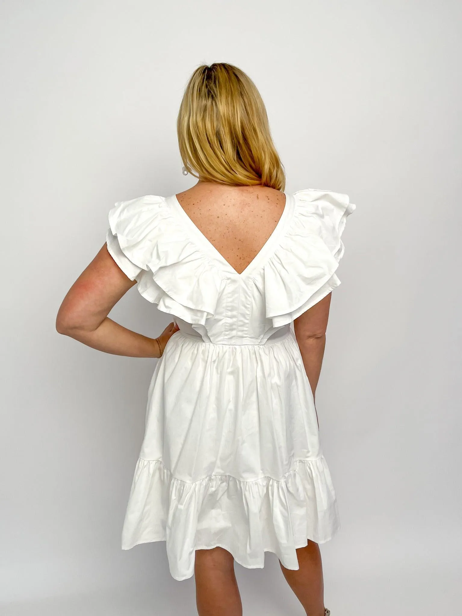 White Ruffled V Neck Dress