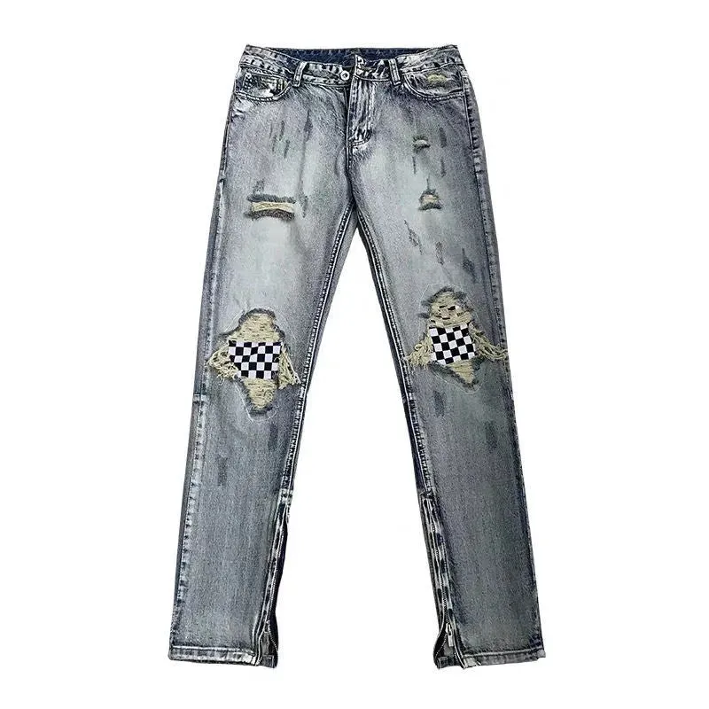 Wiaofellas  -  High Street Jeans Ripped Jeans Patch Pants Slim Fit Pants Jeans Men  Patchwork Jeans  Mens Loose Jeans  Painted Jeans